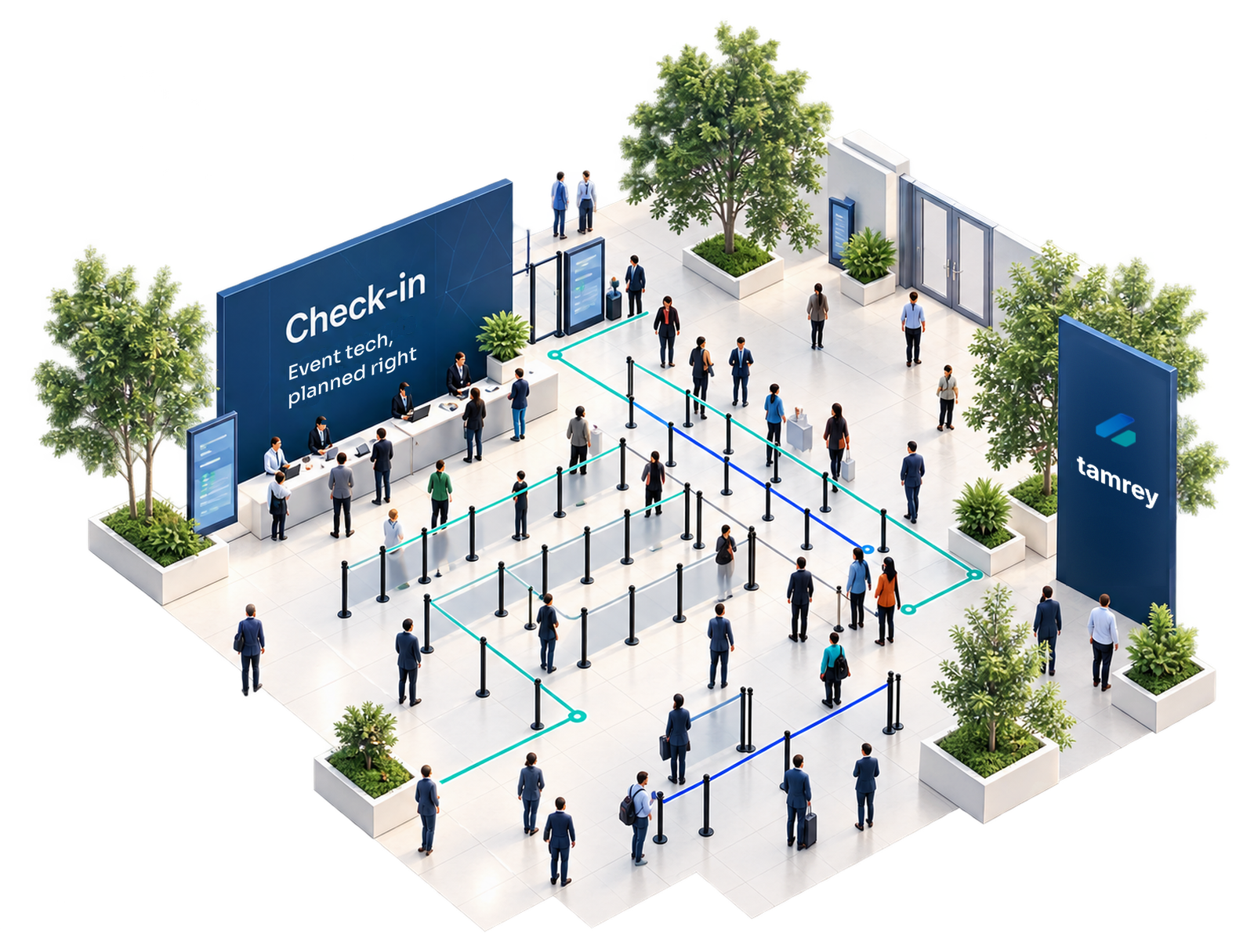 Illustrated event check-in area with queue lanes and a tamrey sign