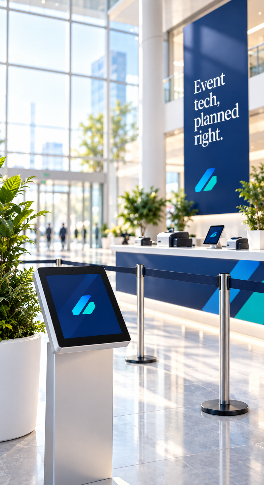 Event venue lobby with a check-in counter and a tamrey sign